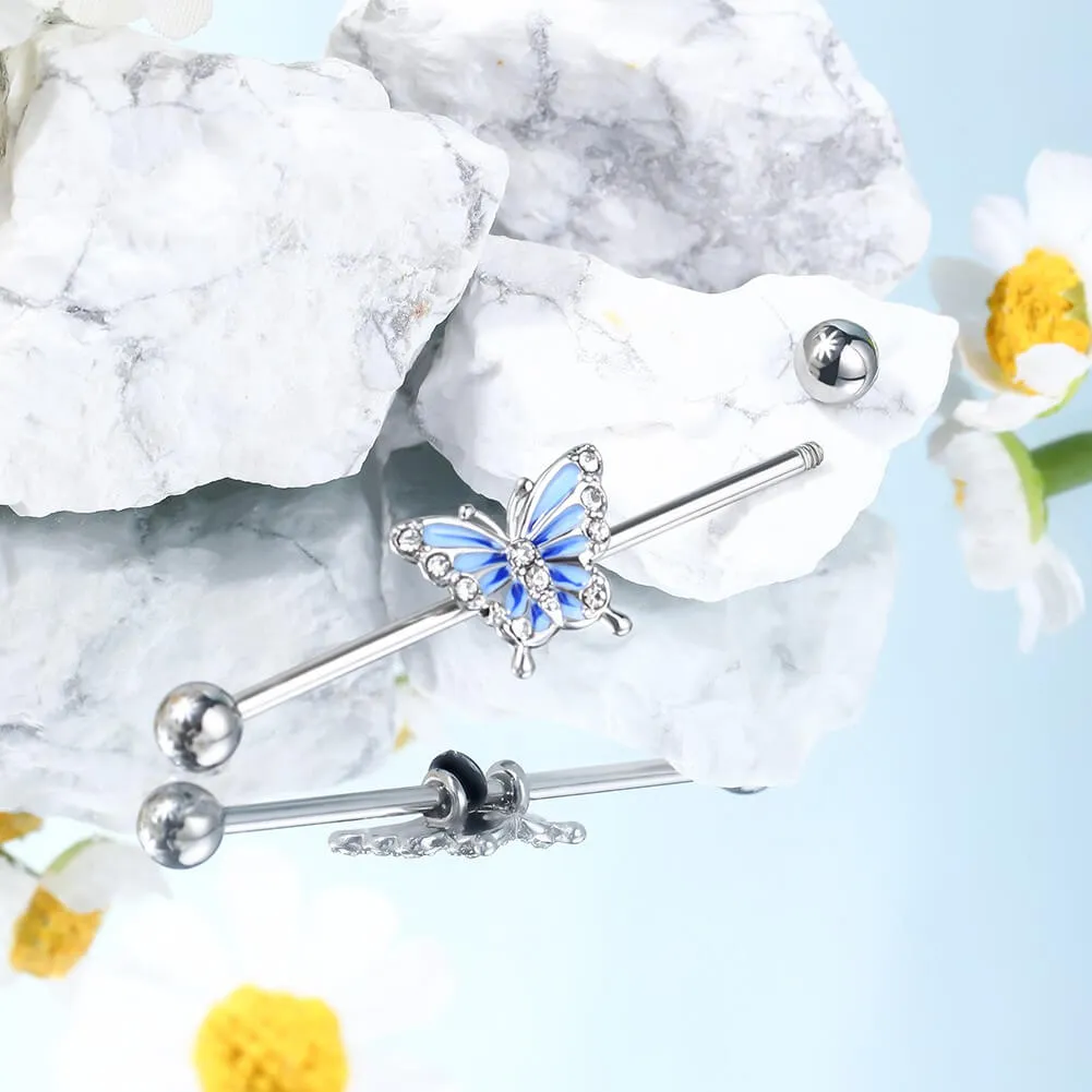 14G Blue Butterfly With CZ Gems Industrial Barbell