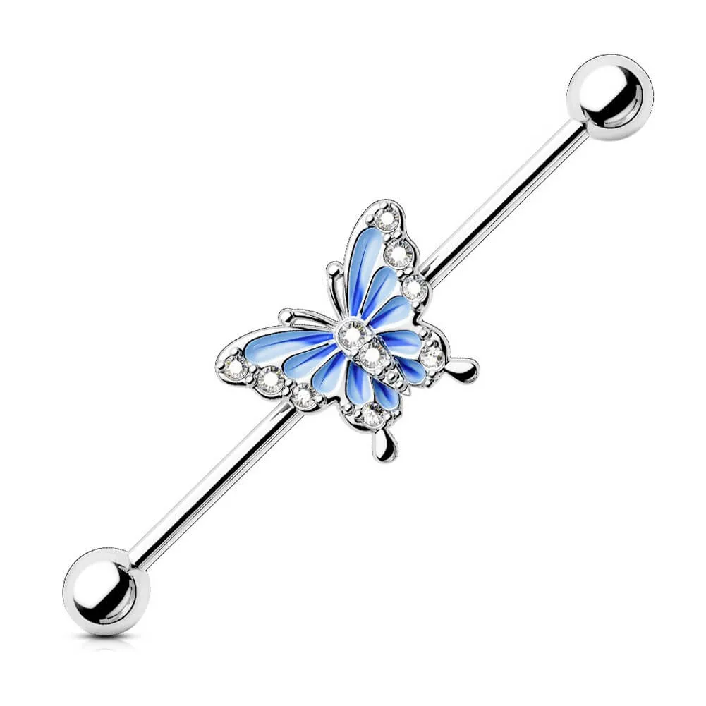 14G Blue Butterfly With CZ Gems Industrial Barbell