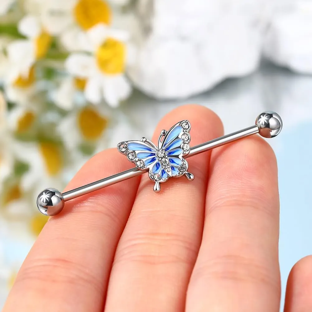 14G Blue Butterfly With CZ Gems Industrial Barbell