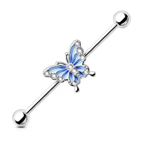 14G Blue Butterfly With CZ Gems Industrial Barbell