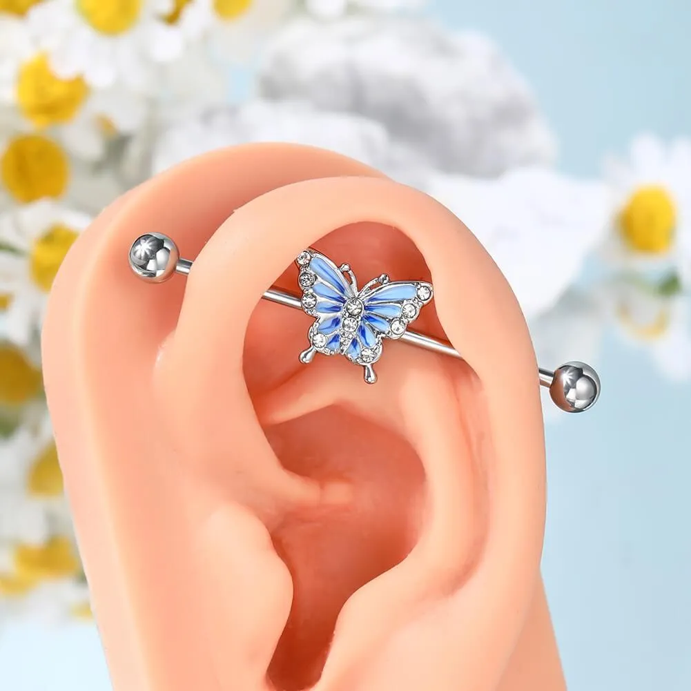 14G Blue Butterfly With CZ Gems Industrial Barbell