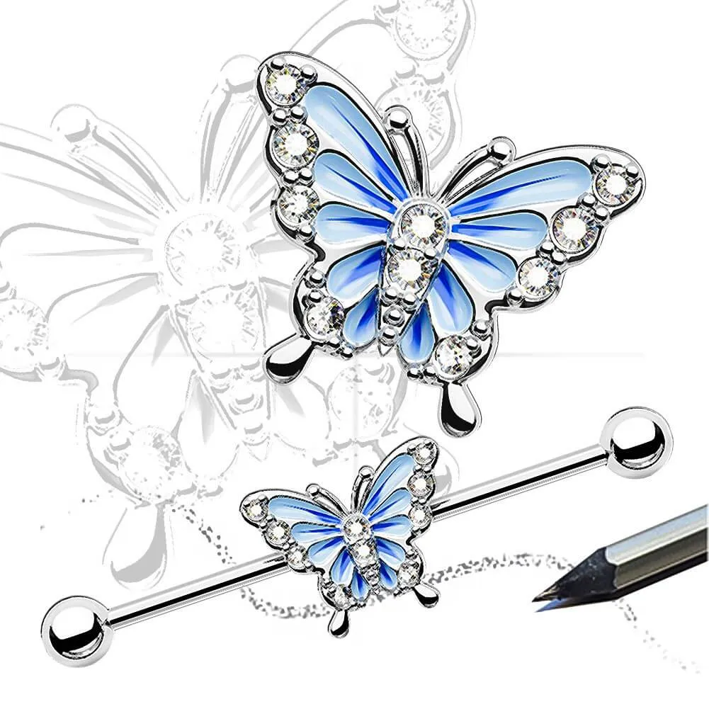 14G Blue Butterfly With CZ Gems Industrial Barbell