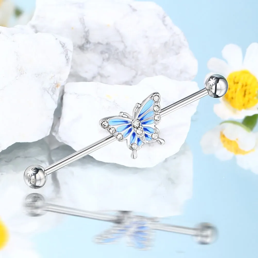 14G Blue Butterfly With CZ Gems Industrial Barbell