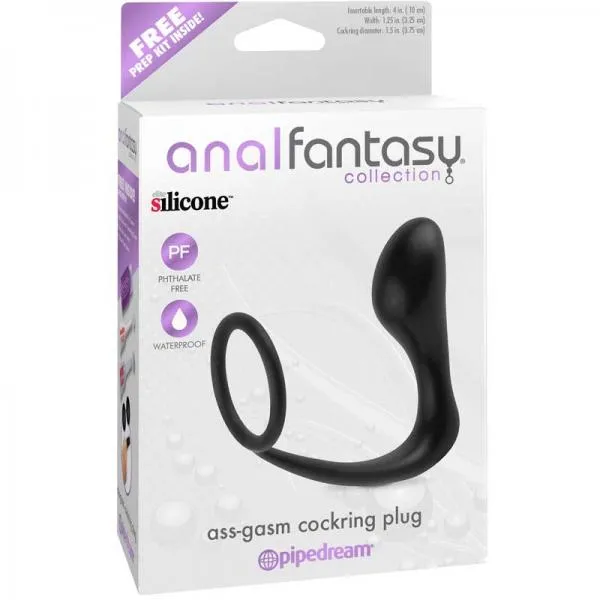 Ass-Gasm Silicone Cockring Plug - Black