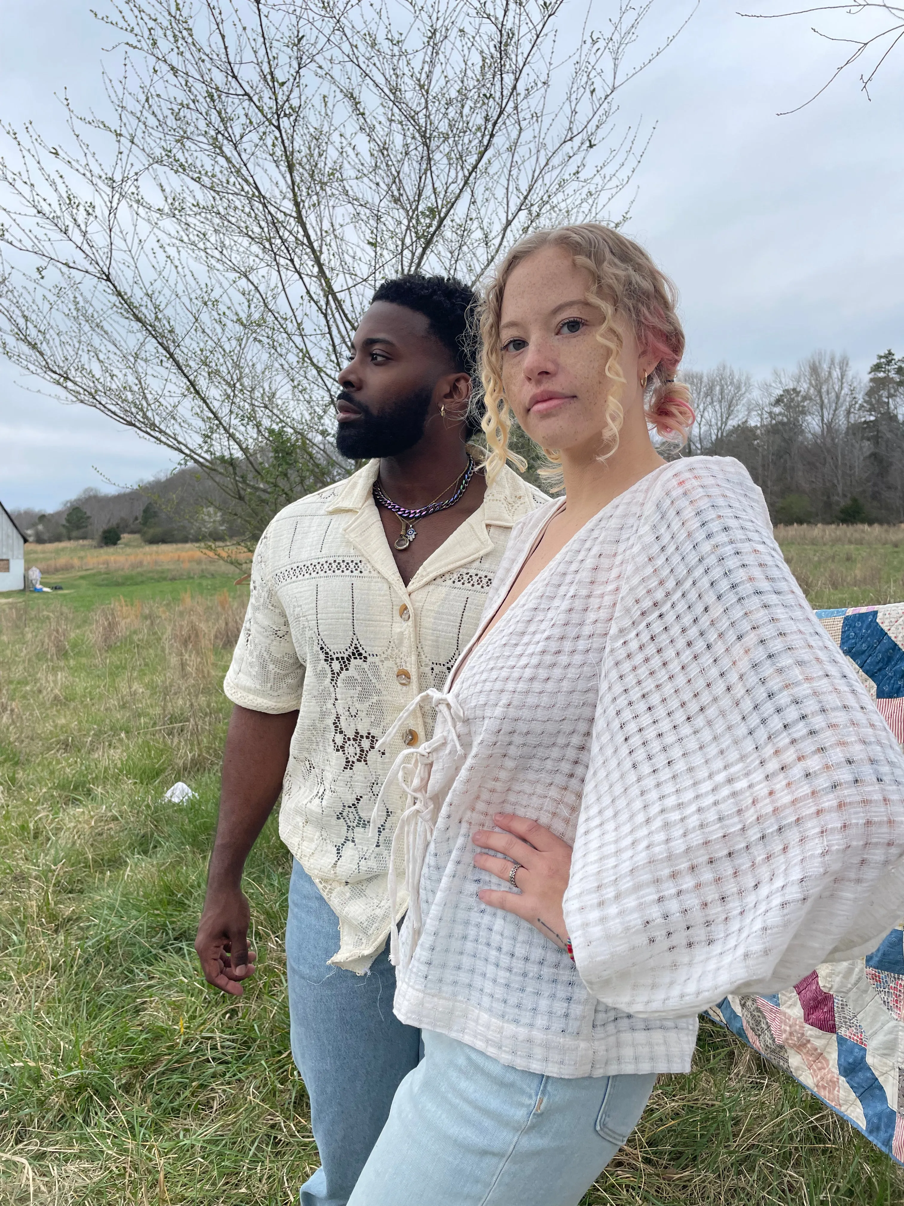 Belle Blouse - Antique white check Linen