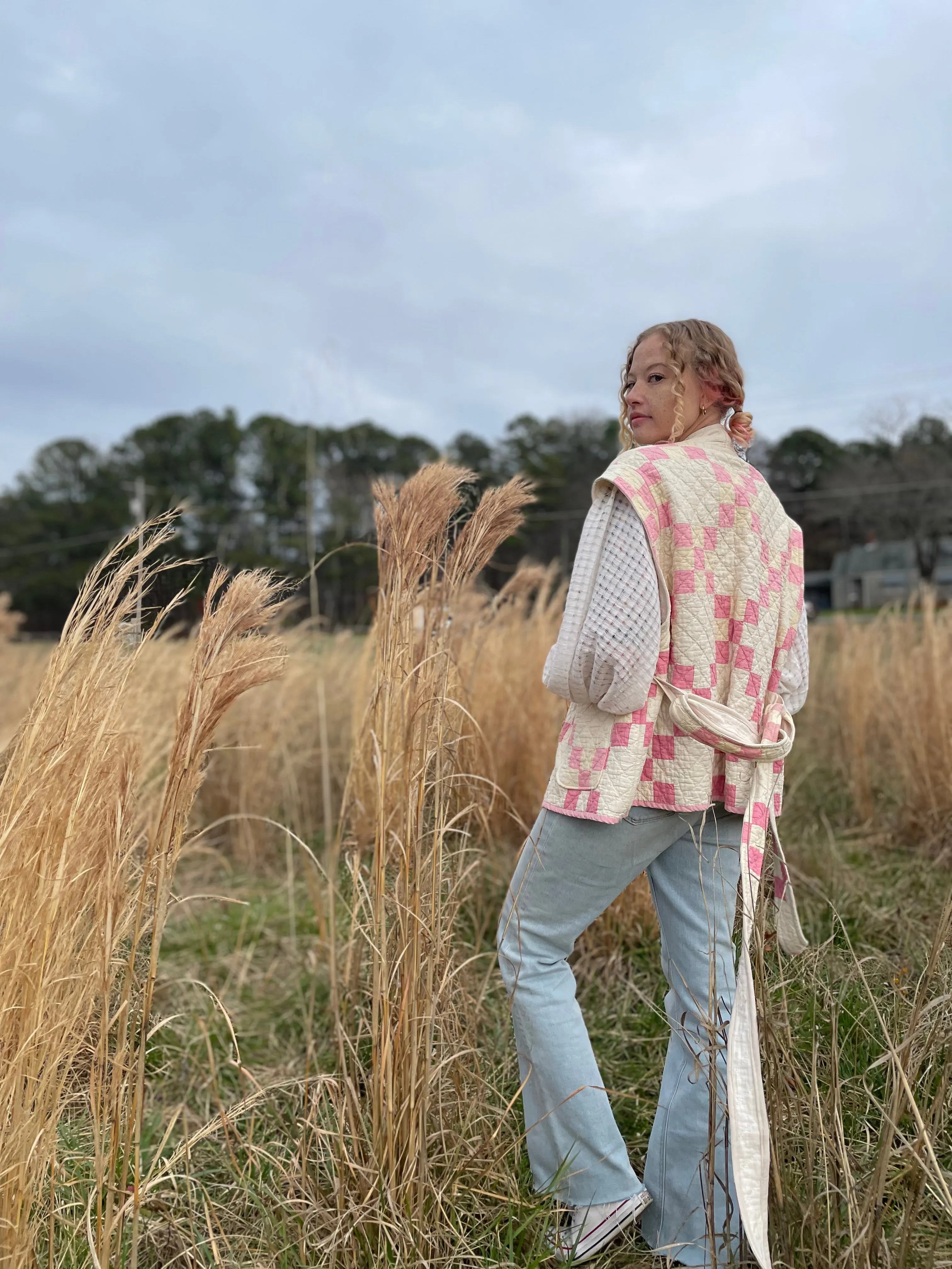 Belle Blouse - Antique white check Linen