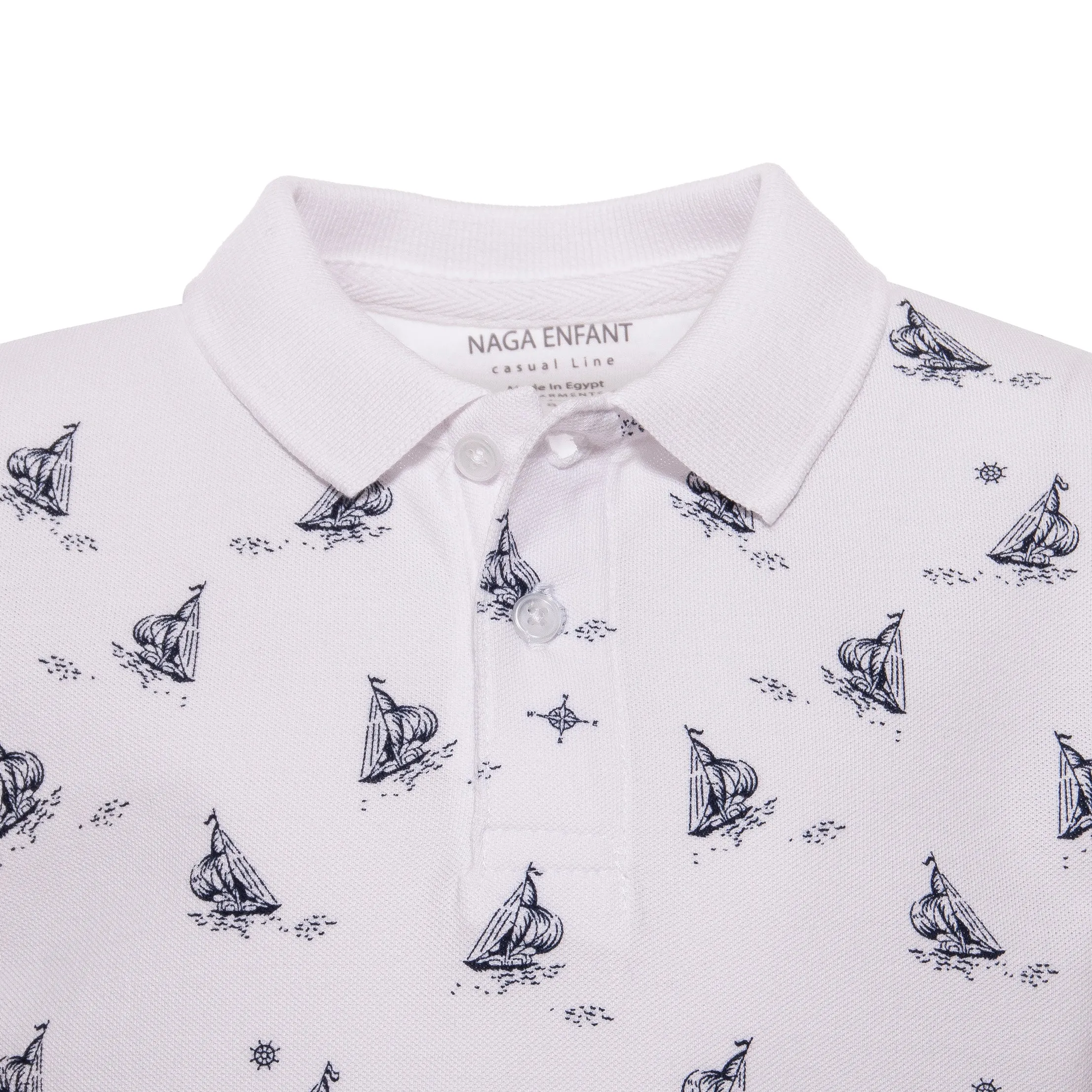 Boys Sailing boat print polo shirt with solid collar(87)