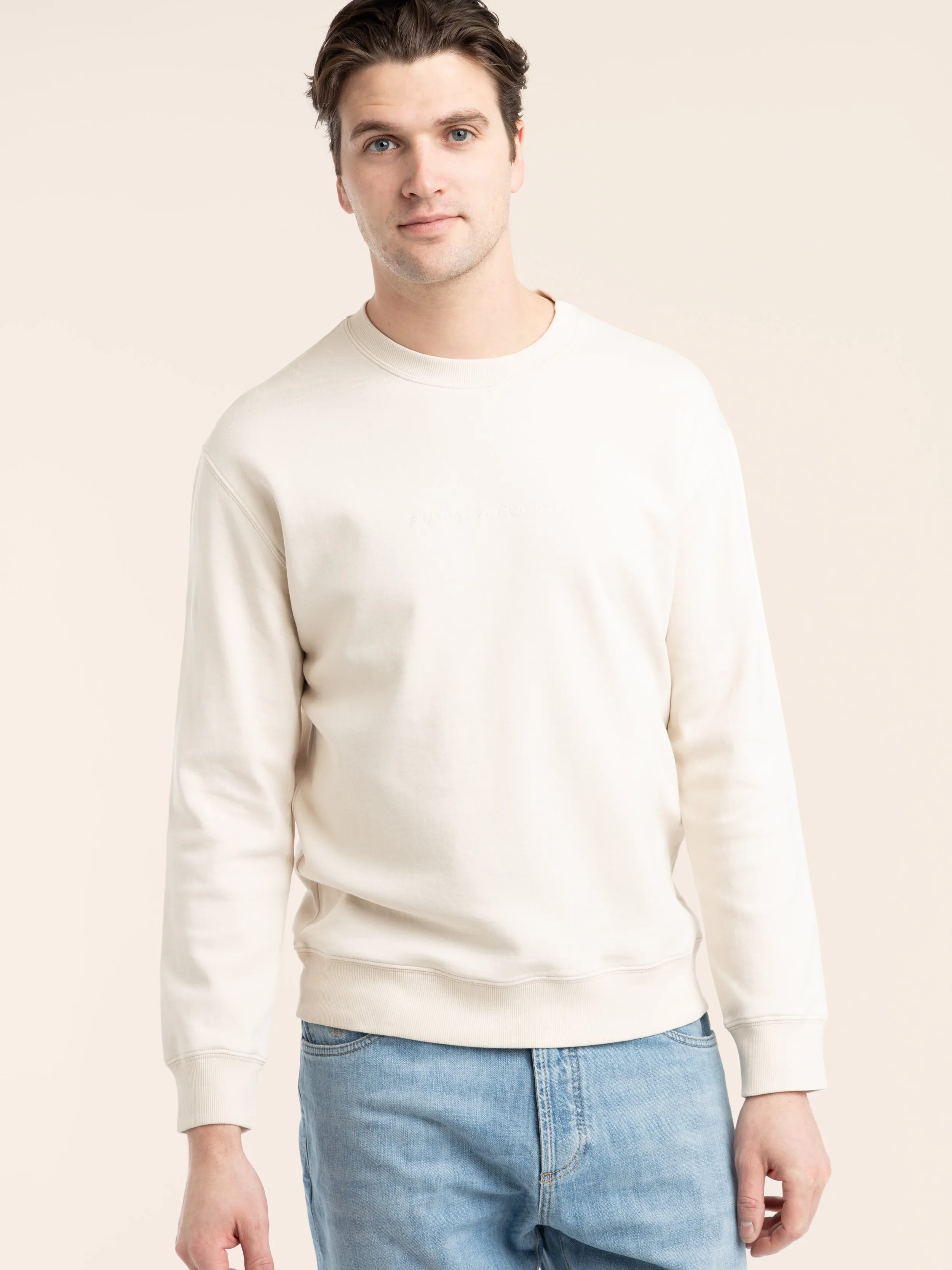 Cream Techno Cotton French Terry Sweatshirt with Embroidery