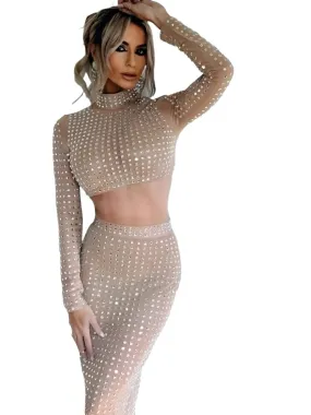 Crystal Mesh Crop Top Dress Set