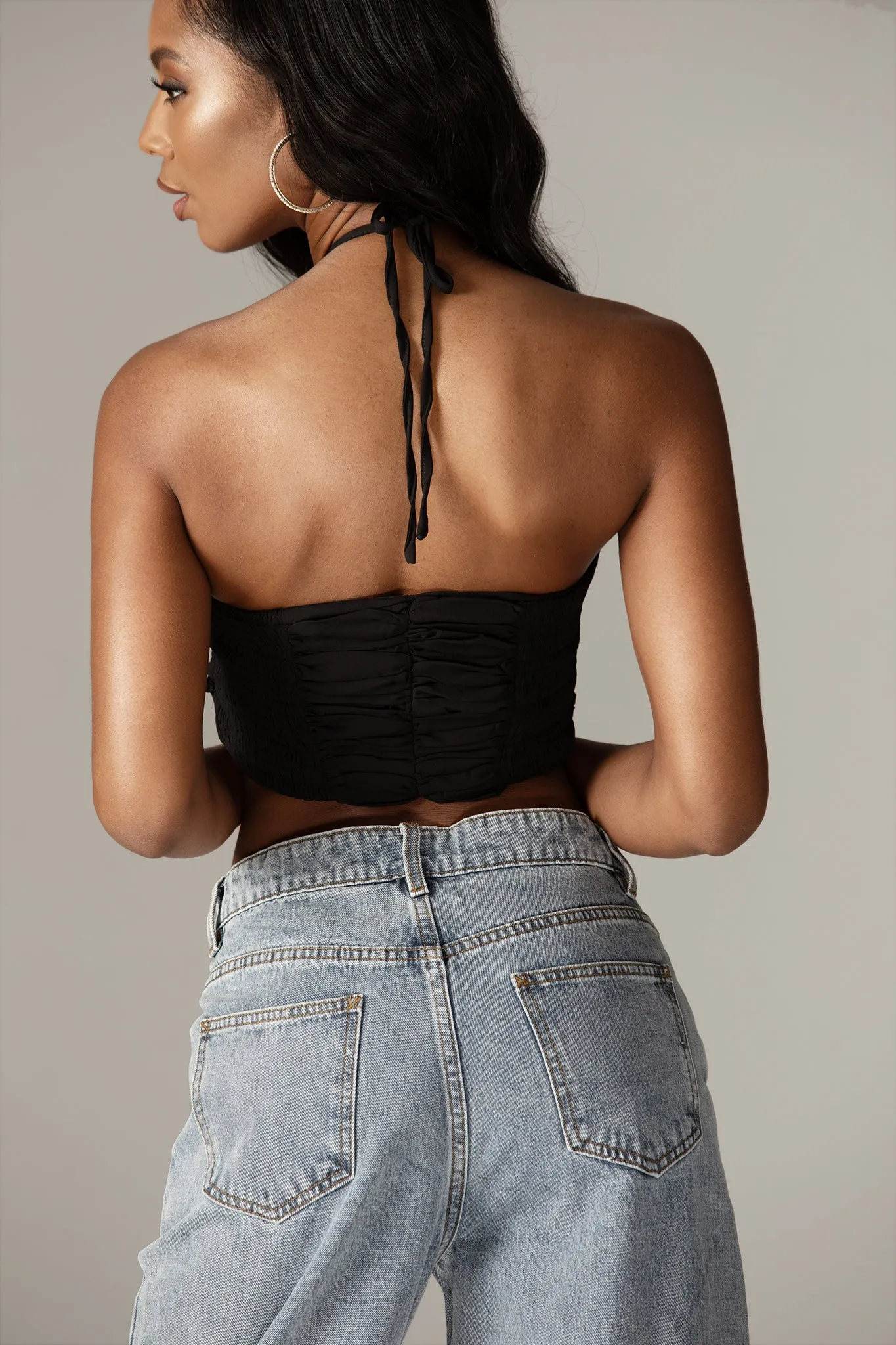 Davina Ruched Crepe Crop Top (Black)