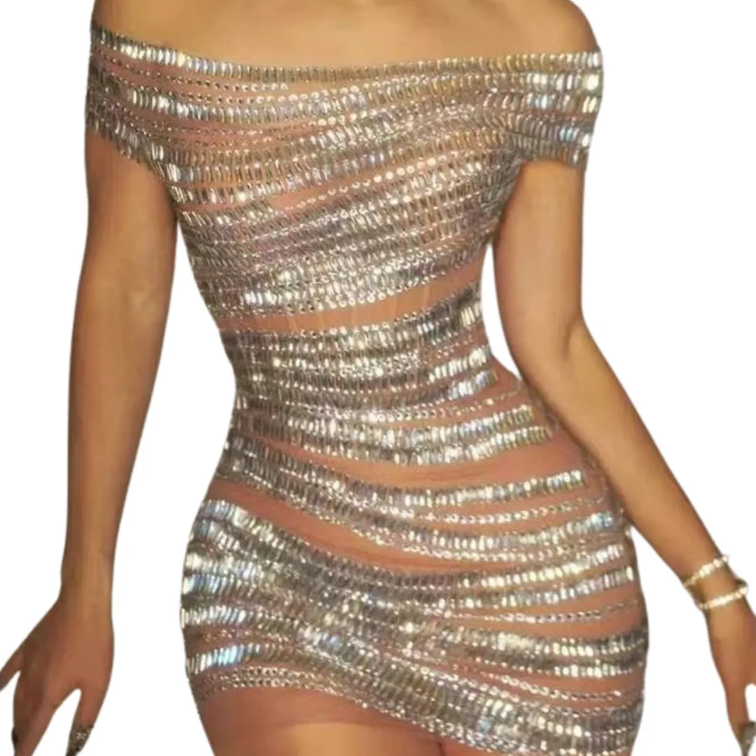 Diamond Striped Nude Mesh Dress