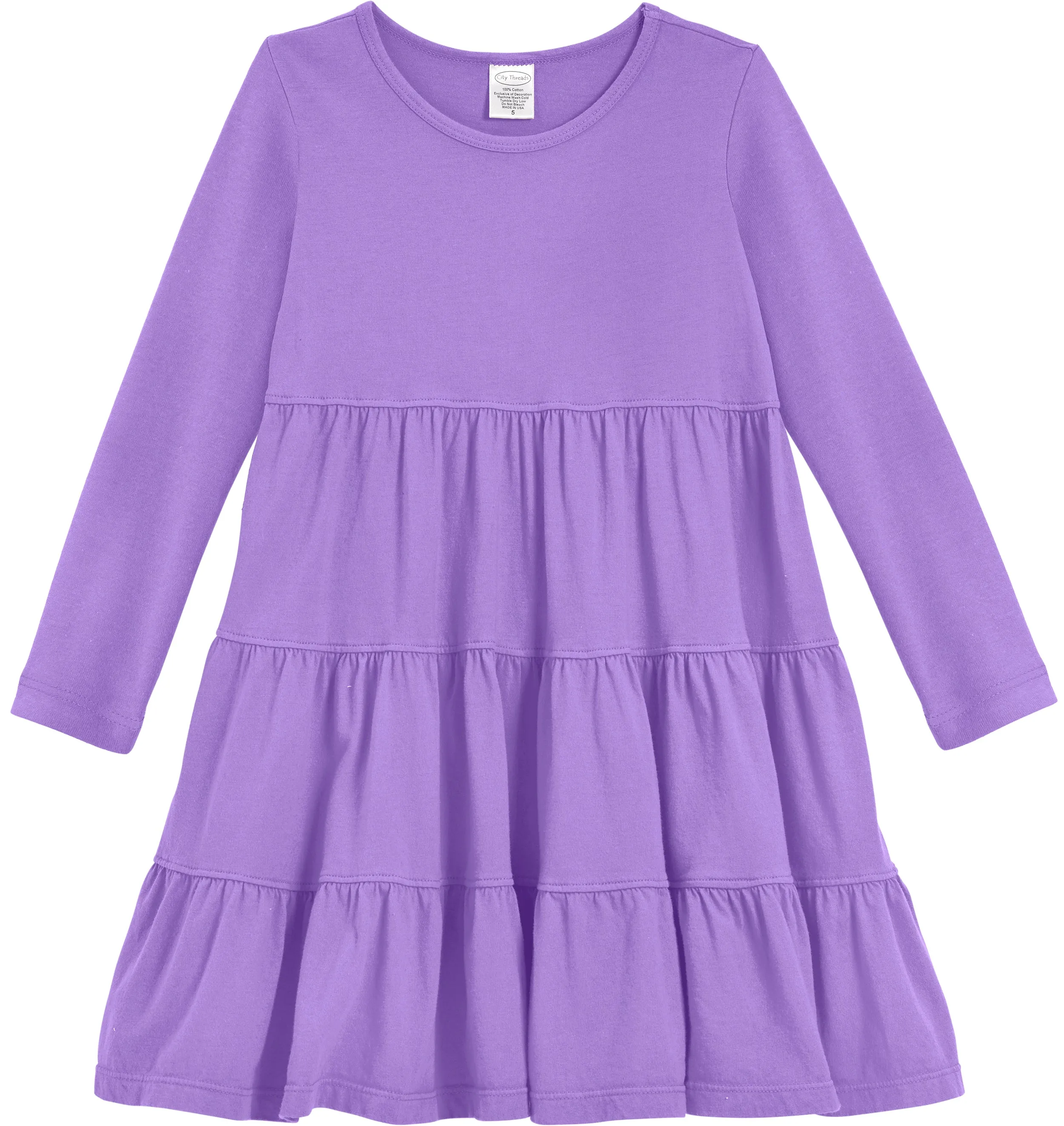 Girls Soft Cotton Jersey Long Sleeve Tiered Dress | Deep Purple