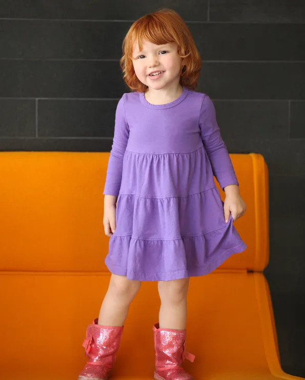 Girls Soft Cotton Jersey Long Sleeve Tiered Dress | Plum