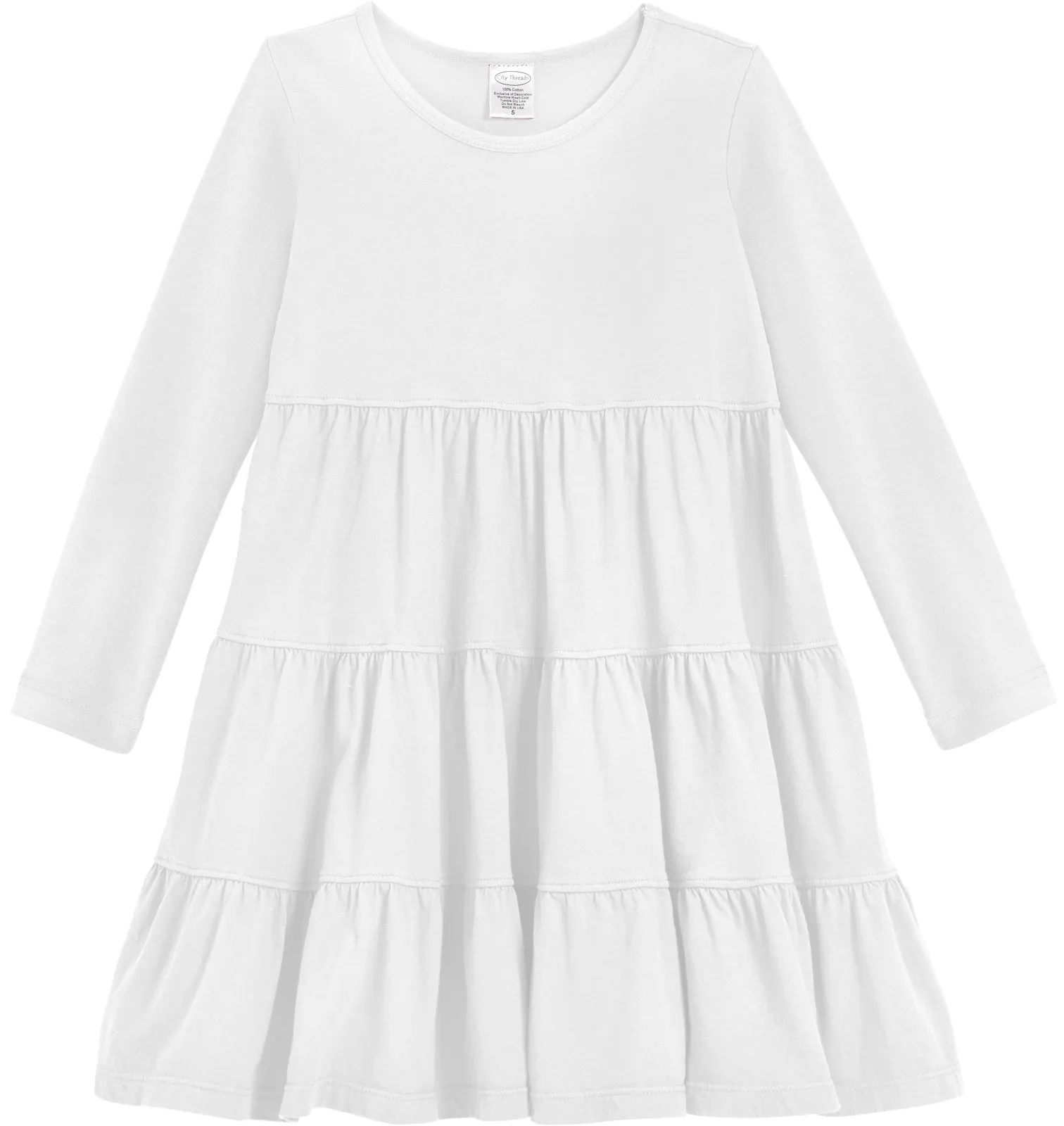 Girls Soft Cotton Jersey Long Sleeve Tiered Dress | White