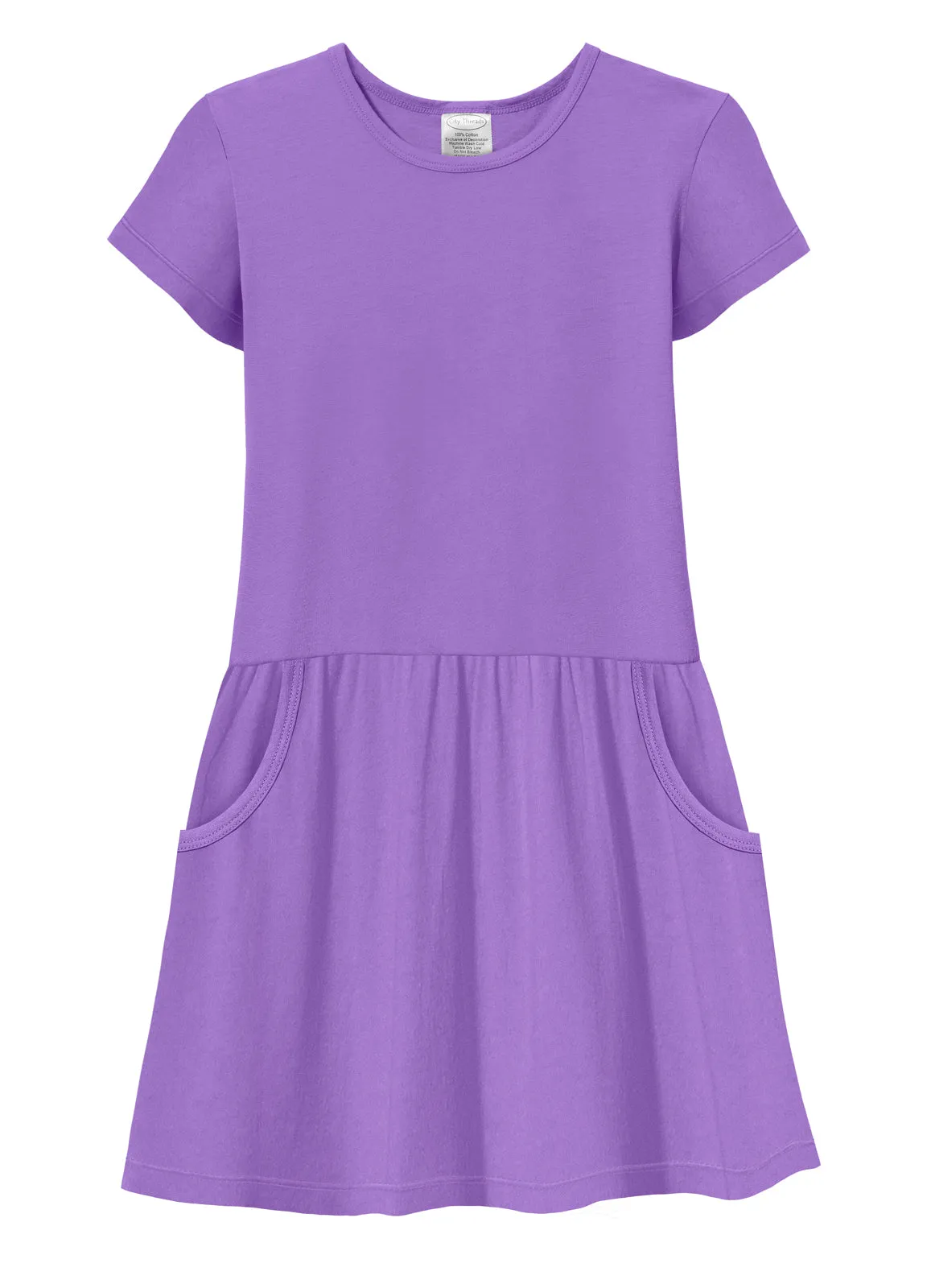 Girls Soft Cotton Jersey Short Sleeve Drop Waist Pocket Dress