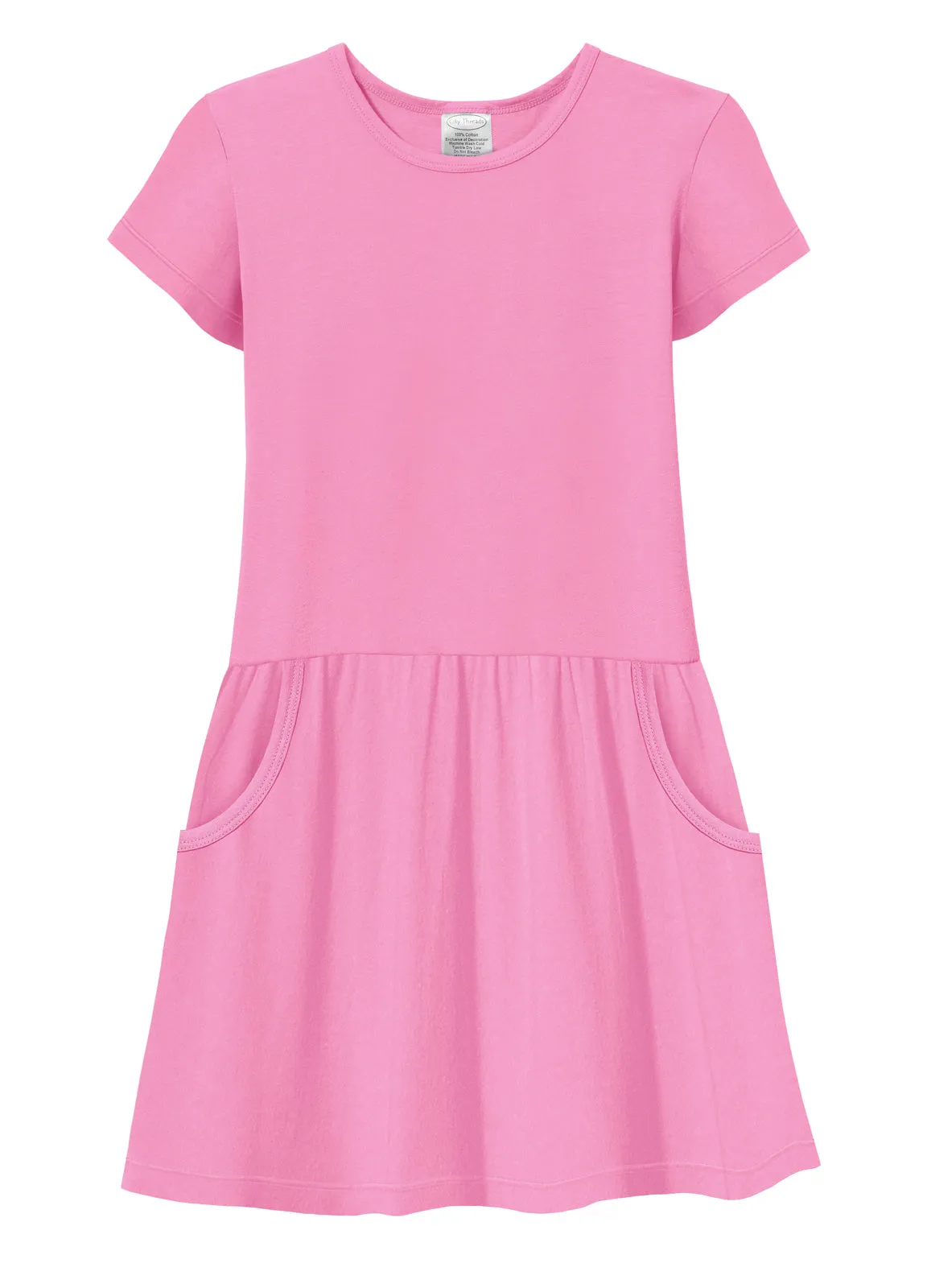 Girls Soft Cotton Jersey Short Sleeve Drop Waist Pocket Dress