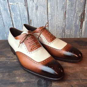 Handmade Men's 2 Tone Brown Beige Leather Shoes, Men Brogue Lace Up Dress Shoes