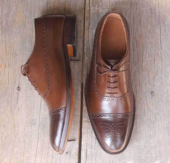 Handmade Men's Two Tone Brown Brogue Leather Shoes, Men's Lace Up Dress Shoes