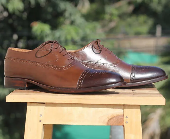 Handmade Men's Two Tone Brown Brogue Leather Shoes, Men's Lace Up Dress Shoes