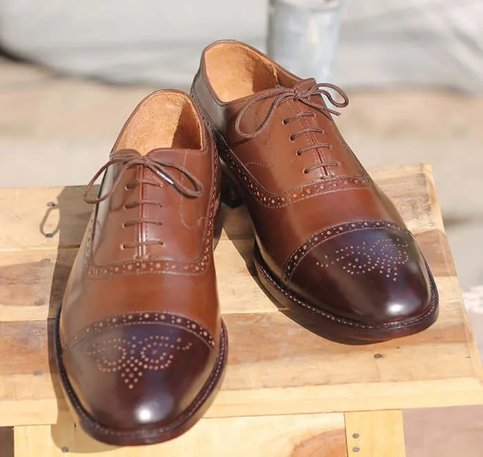 Handmade Men's Two Tone Brown Brogue Leather Shoes, Men's Lace Up Dress Shoes