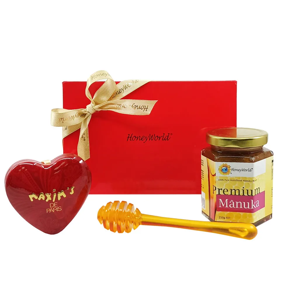 HoneyWorld (Valentine's Day Gift Set) Premium Manuka Honey 250g   Honeycomb Dabber   Maxim's Mini Heart Tin of Heart Chocolates 50g in Gift Box