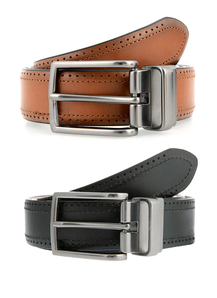 Men's Reversible Leather Belt with Gunmetal Buckle and Brogue Detail