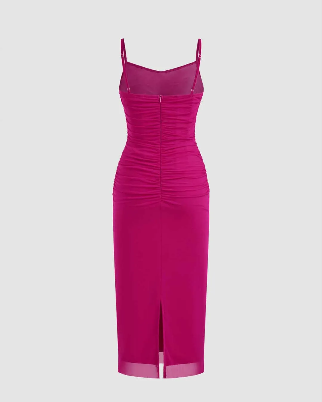 Mesh Solid Ruched Hot Pink Midi Dress