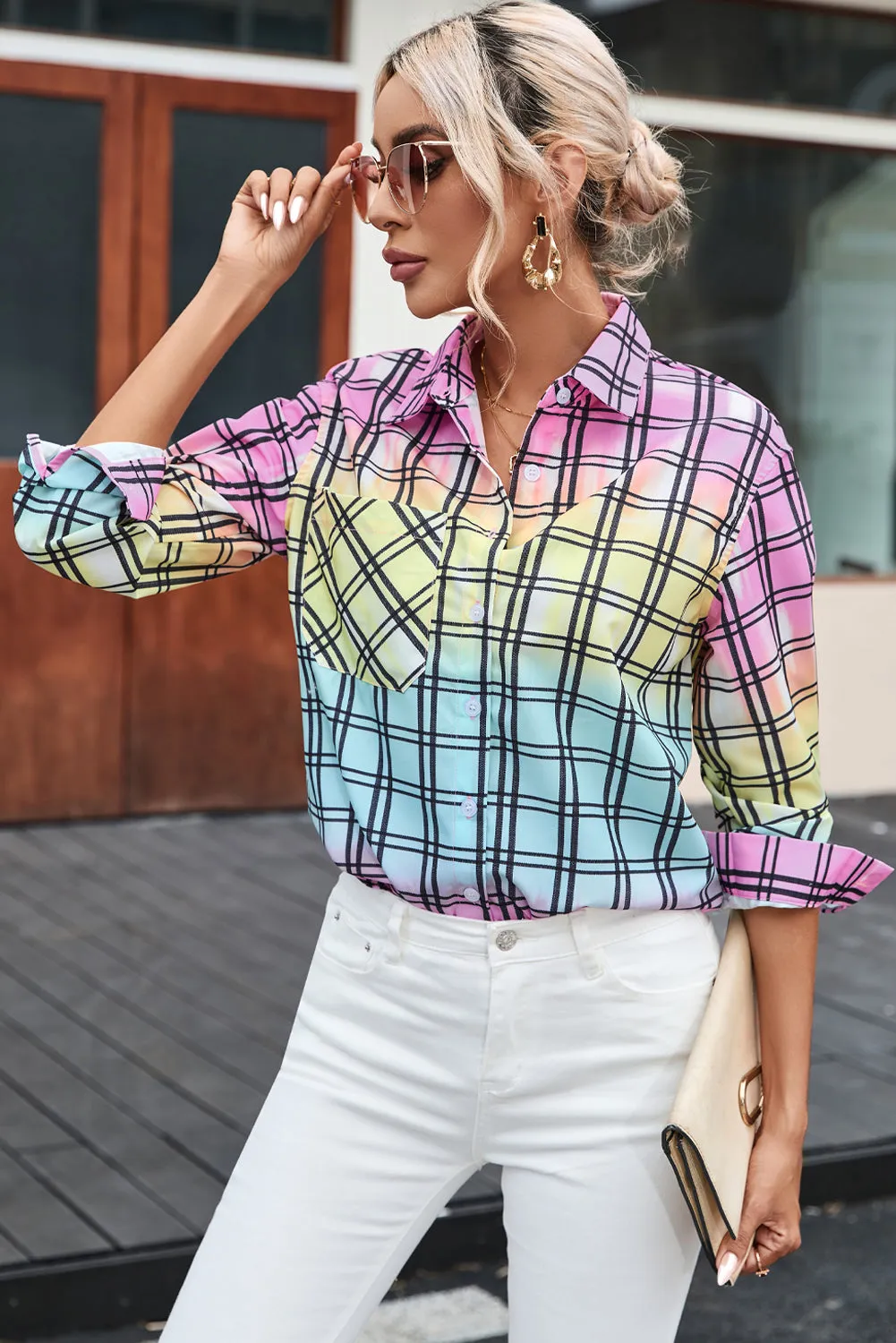 Multicolor Tie Dye Plaid Button Up Shirt