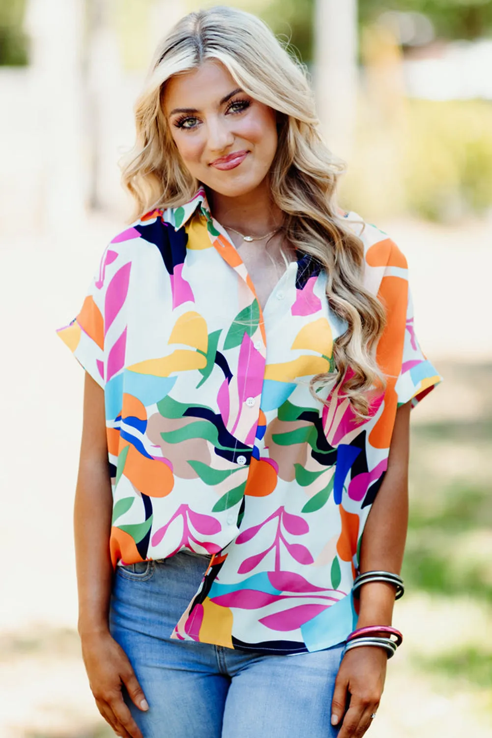 Multicolour Abstract Leafy Print Short Sleeve Shirt