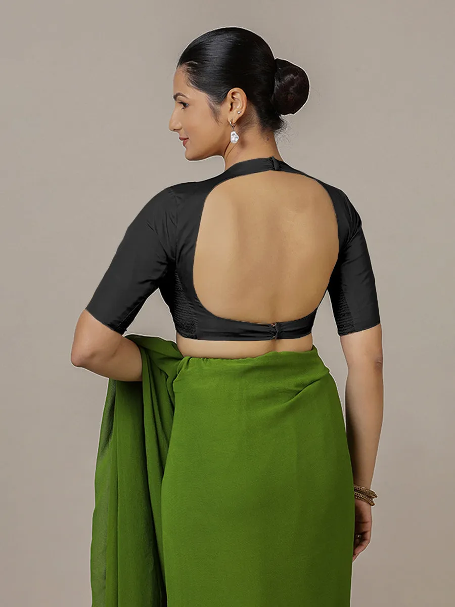 Myra x Rozaana | Charcoal Black Backless Saree Blouse w/ FlexiFit™