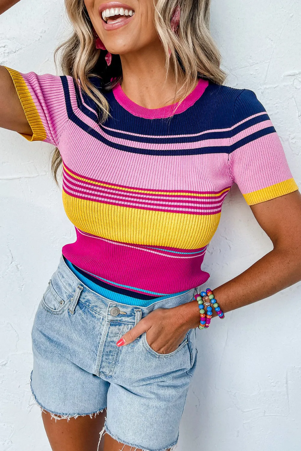 Pink Mixed Stripes Ribbed Knit Top