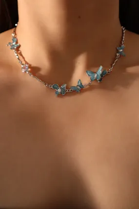 Platinum Plated Blue Butterfly Fluttering Necklace