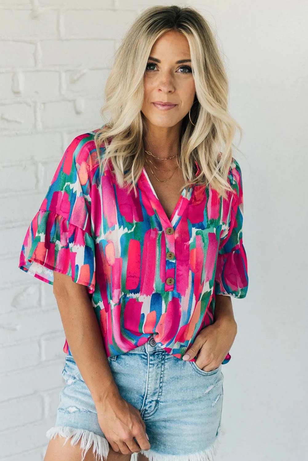 Rose Abstract Brushwork Print Buttoned V Neck Blouse