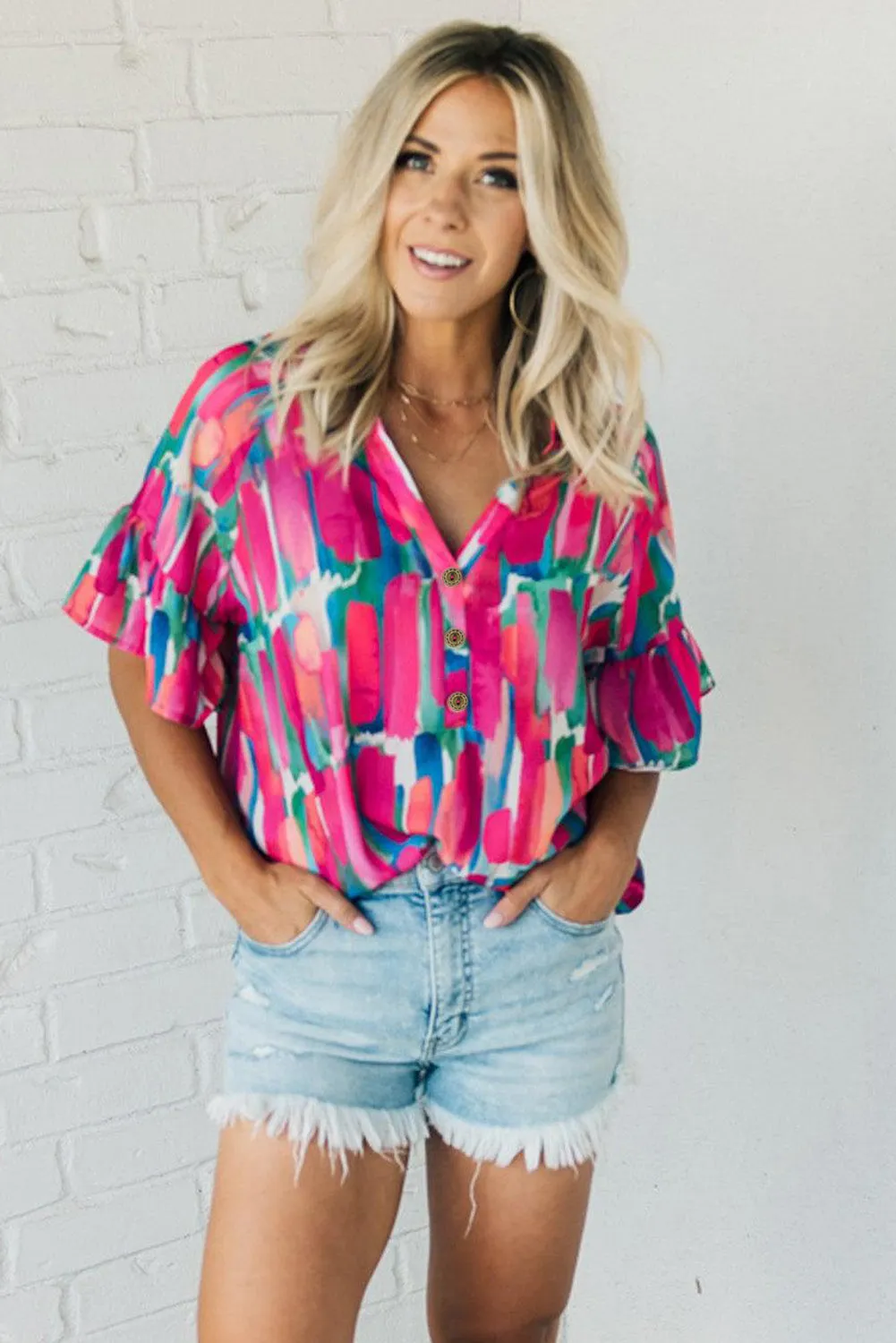 Rose Abstract Brushwork Print Buttoned V Neck Blouse