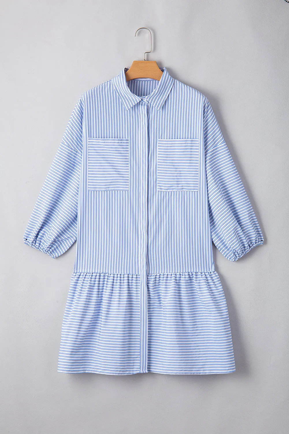 Sky Blue Stripe Bubble Sleeve Chest Pockets Buttoned Shirt Dress