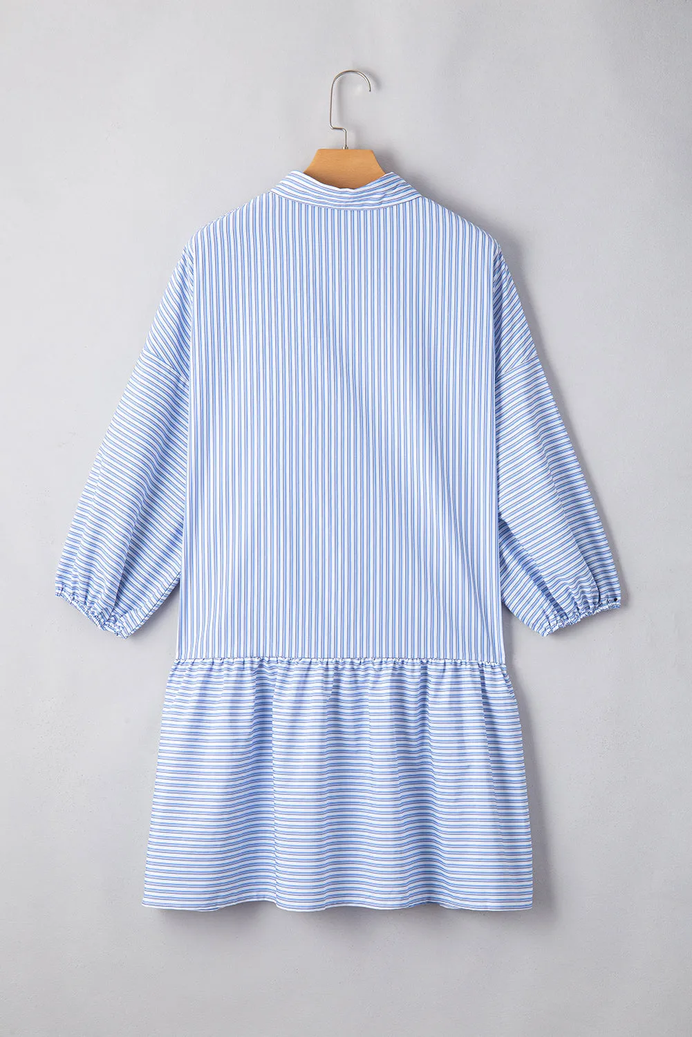 Sky Blue Stripe Bubble Sleeve Chest Pockets Buttoned Shirt Dress